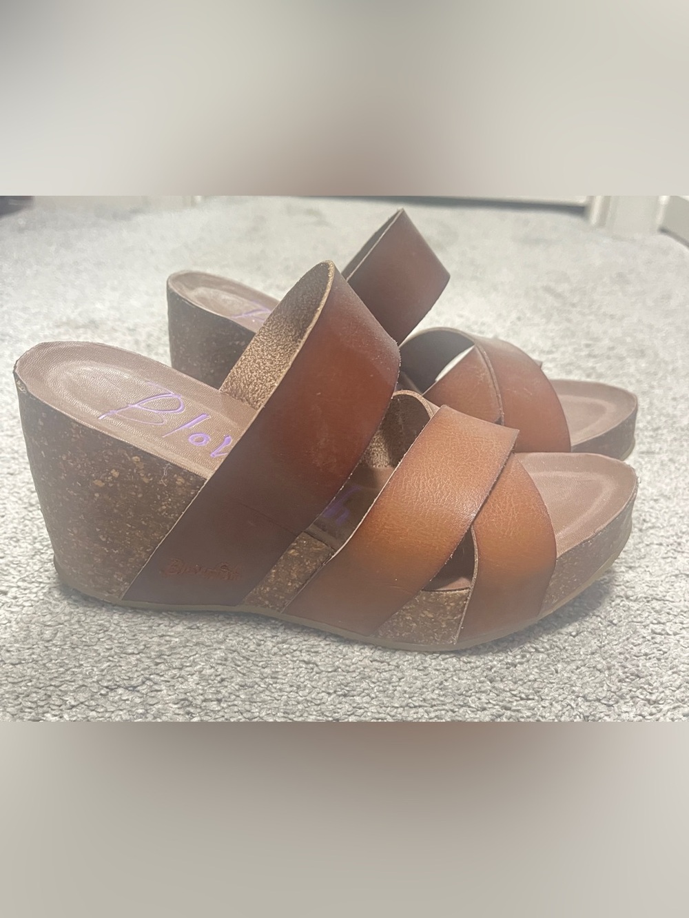 Women’s Blowfish Brown Leather Wedge Slide Sandals